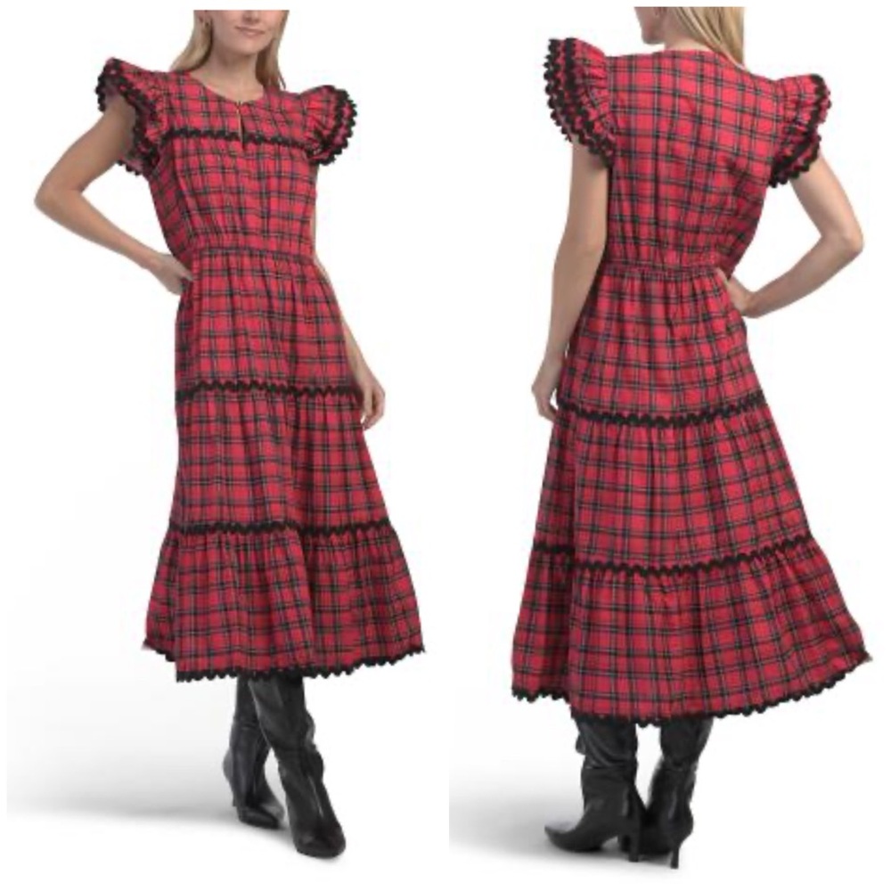 Sail to Sable Flutter Sleeve Dress in Red Tartan NWT [1475]